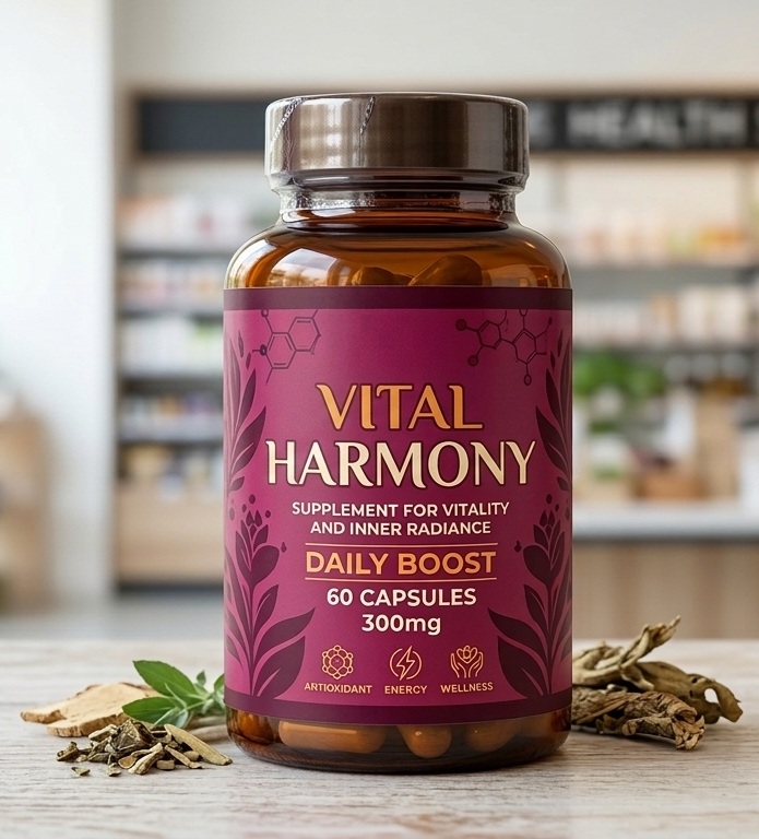 Vital Harmony supplement bottle on a table